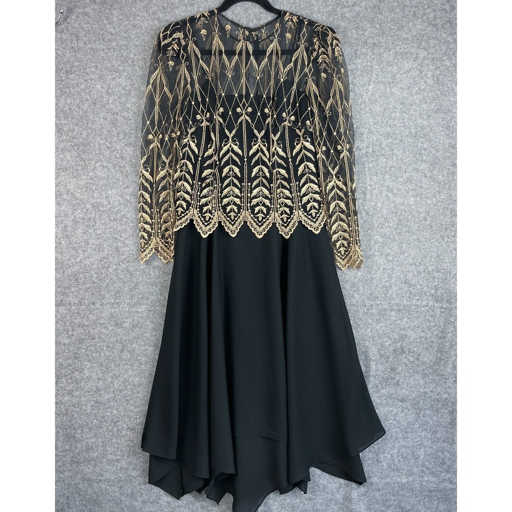 VTG Cachet Bari Protas Dress Womens 8 Black Embroidery Sheer Chiffon Fairygoth
